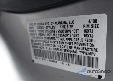 2008 Honda Odyssey Ex-L z USA, uszkodzony, nr VIN 5FNRL38758B064548